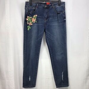 V Cristina Floral Embellished Stretch 5 Pocket Zip Front Blue Jeans Sz.14